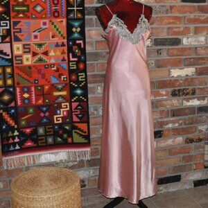 Light Pink Satiny Long Slip Dress Silver Grey Floral Applique Full Length M